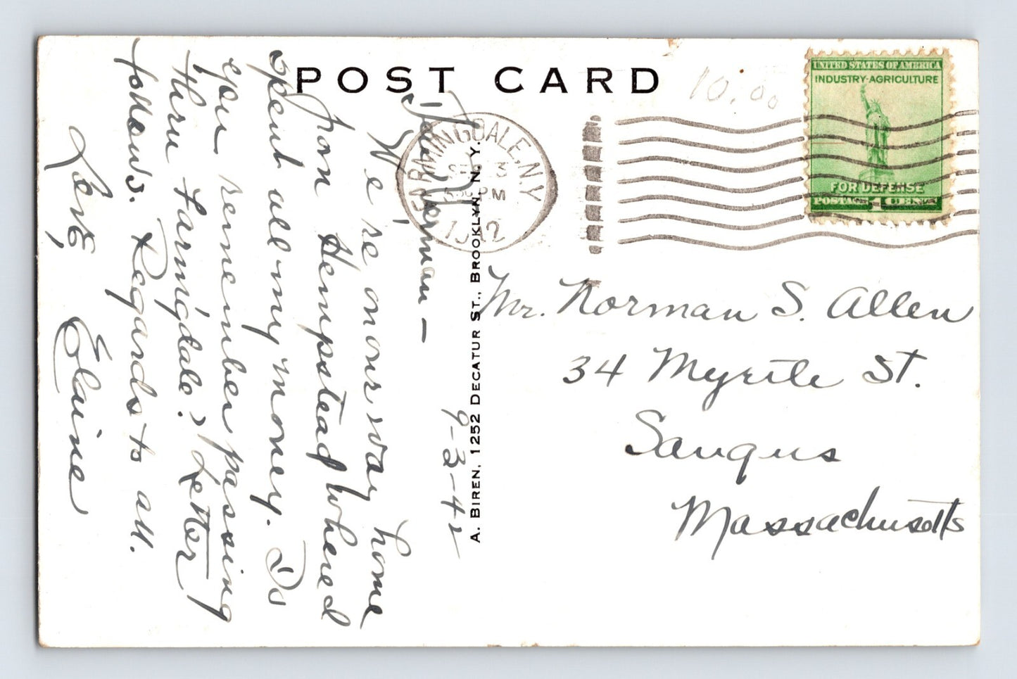 Farmingdale New York Long Island Institute Applied Agriculture 1942 Postcard Posted