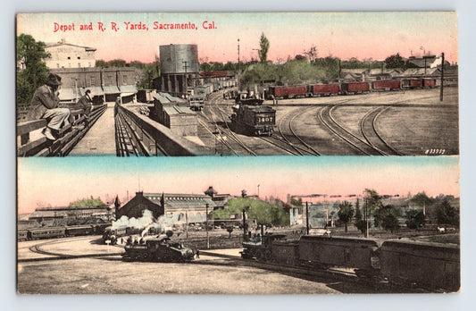 Sacramento California Southern Pacific Railroad depot and rail yards with steam locomotives 1908 postcard