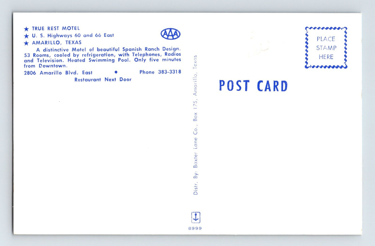 Amarillo Texas True Rest Motel Pool Route 66 1960s Postcard Unposted Chrome