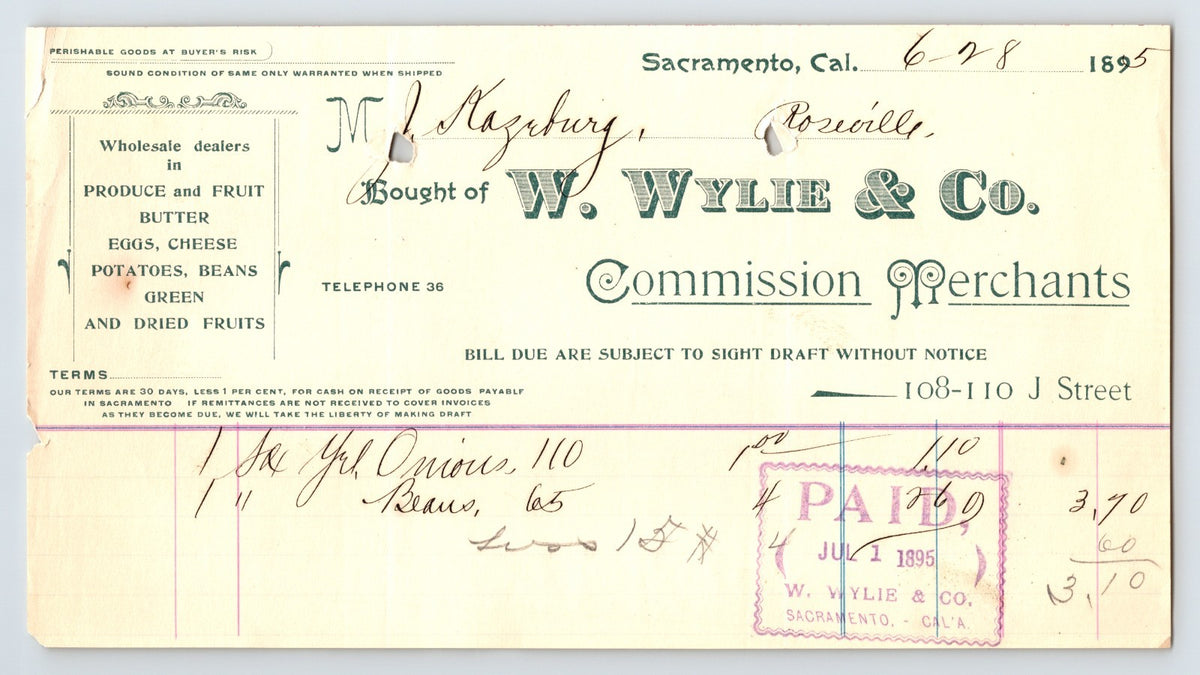 Sacramento California Wylie and Co commission merchant billhead 1895 produce and grocery invoice with paid stamp