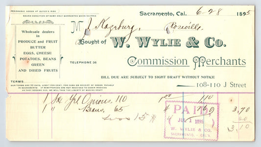 Sacramento California Wylie and Co commission merchant billhead 1895 produce and grocery invoice with paid stamp