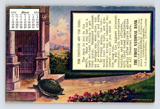 Clifton Forge Virginia First National Bank turtle calendar postcard March 1911 advertising bank with illustrated garden scene