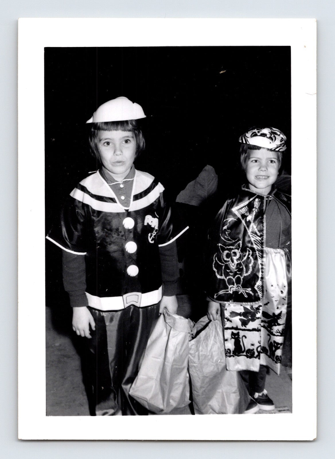 Halloween photo children costumes trick or treat bags 1960s snapshot kids holding candy bags costume outfits 4.5 x 3.25