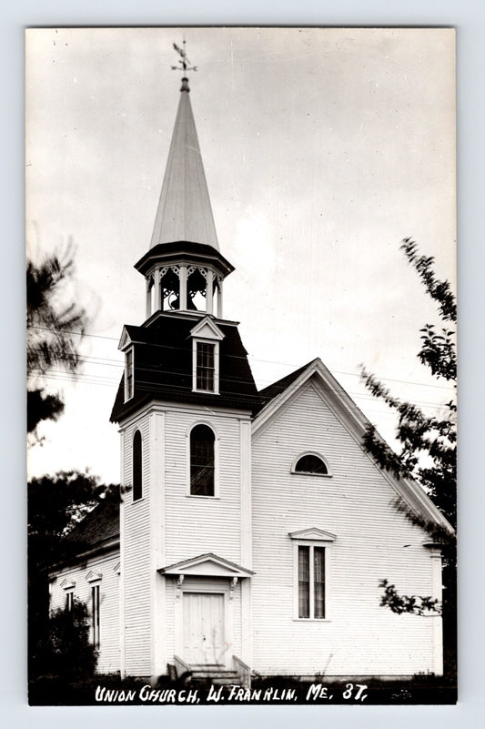 West Franklin Maine Union Church RPPC 1950s white wooden church with tall steeple and arched windows