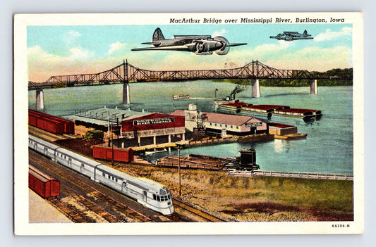 Burlington Iowa MacArthur Bridge Mississippi River airplane train railroad 1951 postcard posted