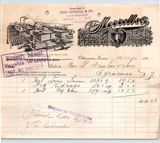 Ottumwa Iowa John Morrell Co pork packers illustrated billhead 1910 invoice