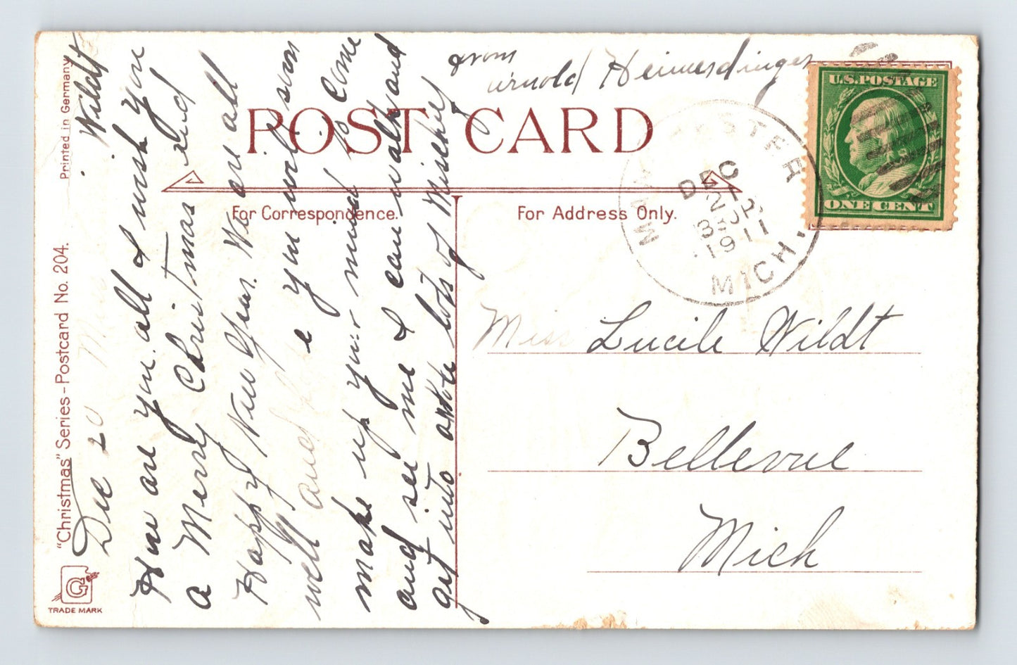 Christmas Children Red Winter Coats Candle Tree 1911 Postcard Posted