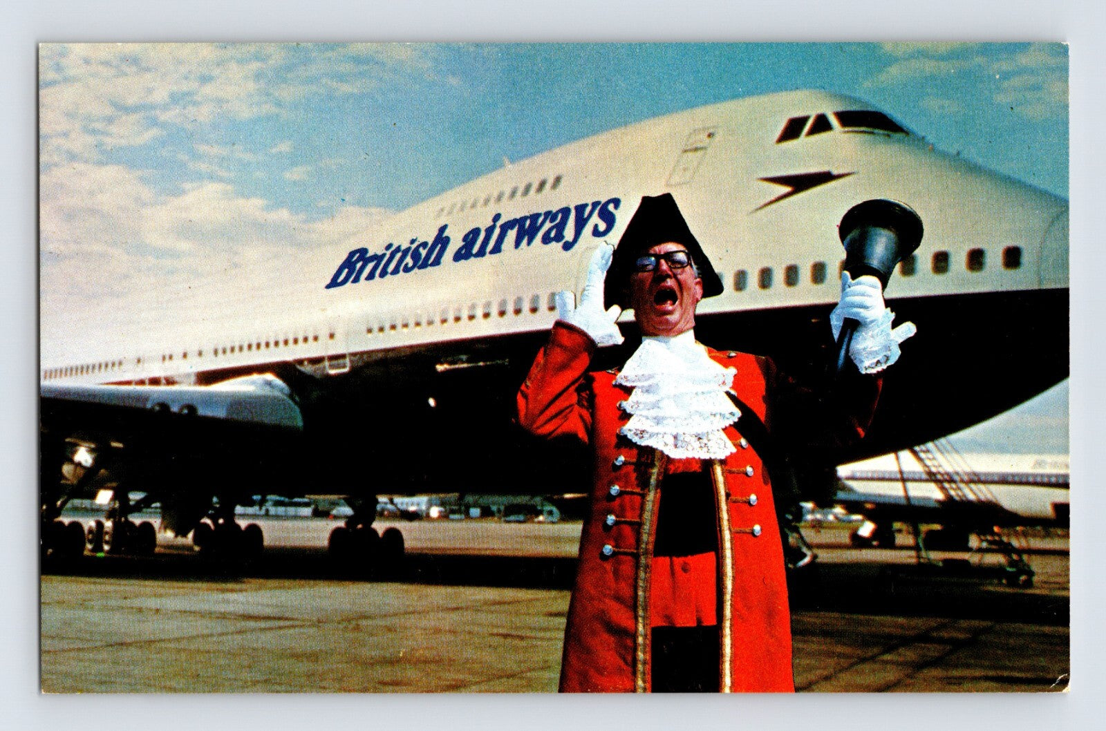 British Airways jet airplane town crier hear ye uniform airport 1960s chrome postcard