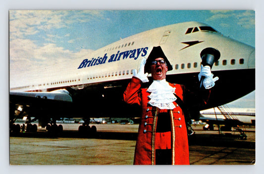 British Airways jet airplane town crier hear ye uniform airport 1960s chrome postcard