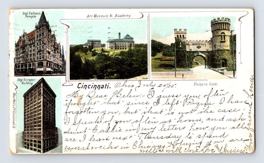 Cincinnati Ohio Odd Fellows Temple Art Museum Elsinore Gate skyline 1905 postcard