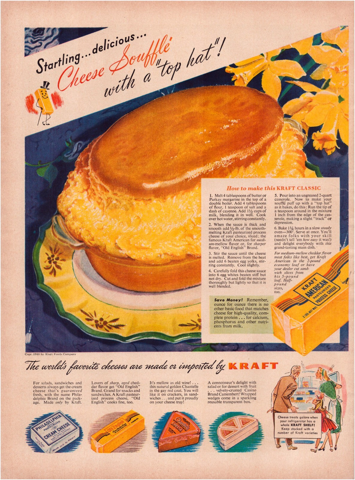 Kraft American Cheese 1948 Print Ad Souffle Recipe Full Page 10.5 x 13.5