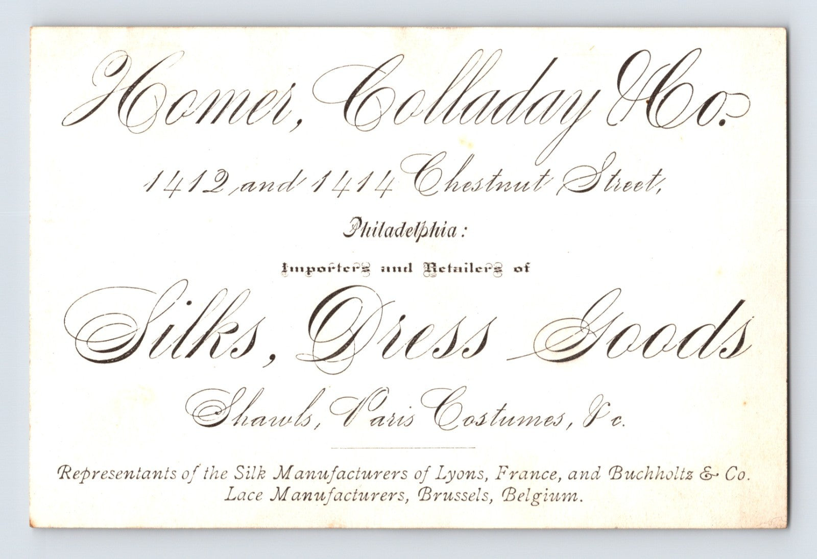 Philadelphia Hemet Colladay silk dress goods advertising card with ornate Victorian script typography and handwritten notes on reverse.