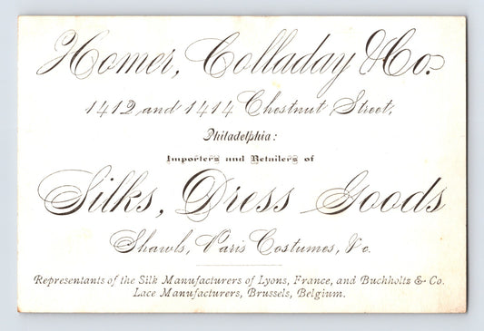 Philadelphia Hemet Colladay silk dress goods advertising card with ornate Victorian script typography and handwritten notes on reverse.