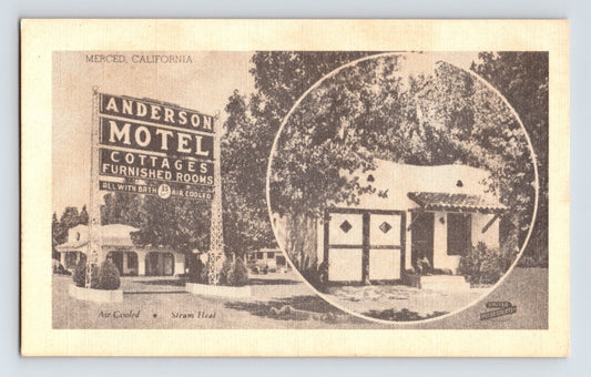 Merced California Anderson Motel cottages roadside motel sign linen postcard 1940s
