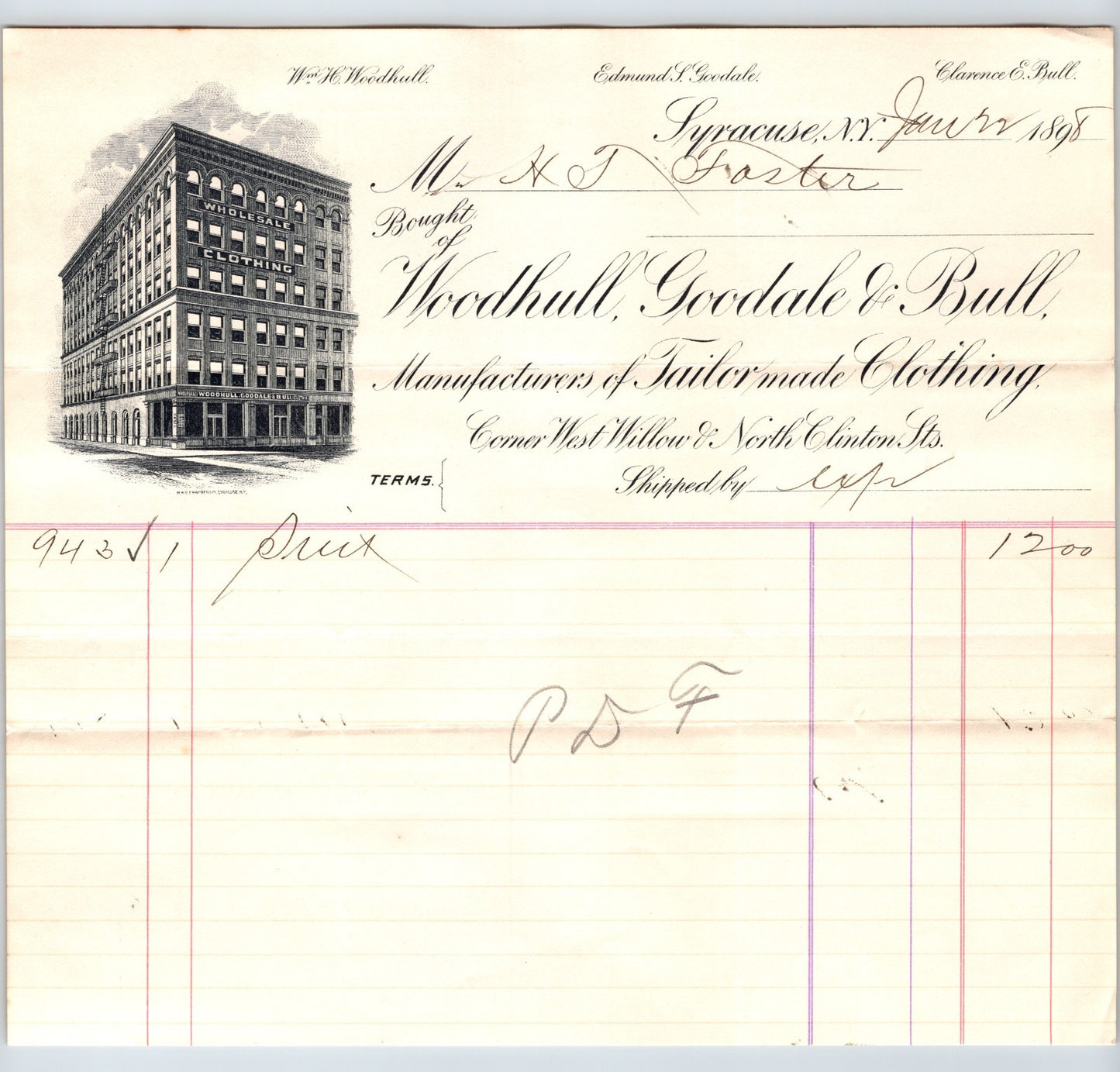 Syracuse New York 1898 Woodhull Goodale Bull Clothing Billhead - 8.5 x 7.5