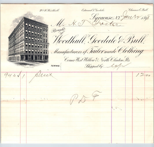 Syracuse New York 1898 Woodhull Goodale Bull Clothing Billhead - 8.5 x 7.5