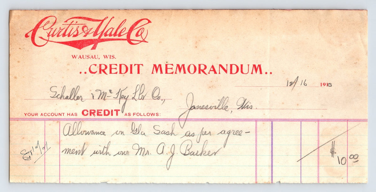 Wausau Wisconsin 1916 Curtis Yale Company credit memorandum billhead handwritten accounting document