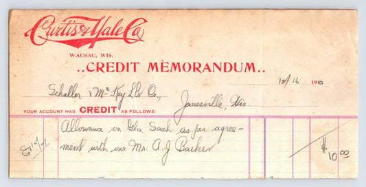 Wausau Wisconsin 1916 Curtis Yale Company credit memorandum billhead handwritten accounting document