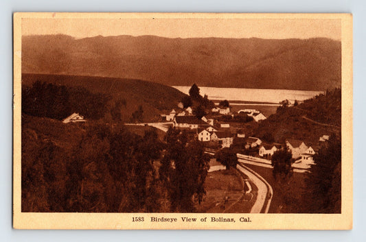 Sepia postcard showing birdseye view of Bolinas California with hillside homes, winding road, and coastal inlet in the distance