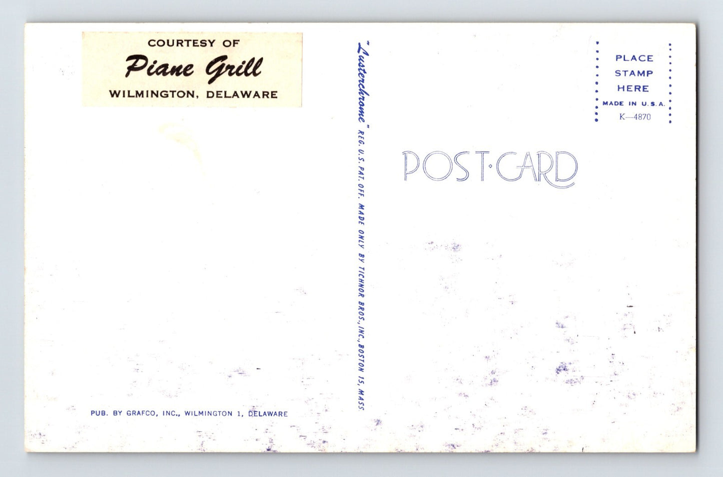 Wilmington Delaware Piane Grill Room English Restaurant 1960s Postcard Unposted