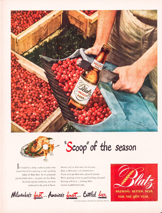 Blatz Beer 1947 Cranberry Harvest Print Ad Full Page 10.5 x 13.5