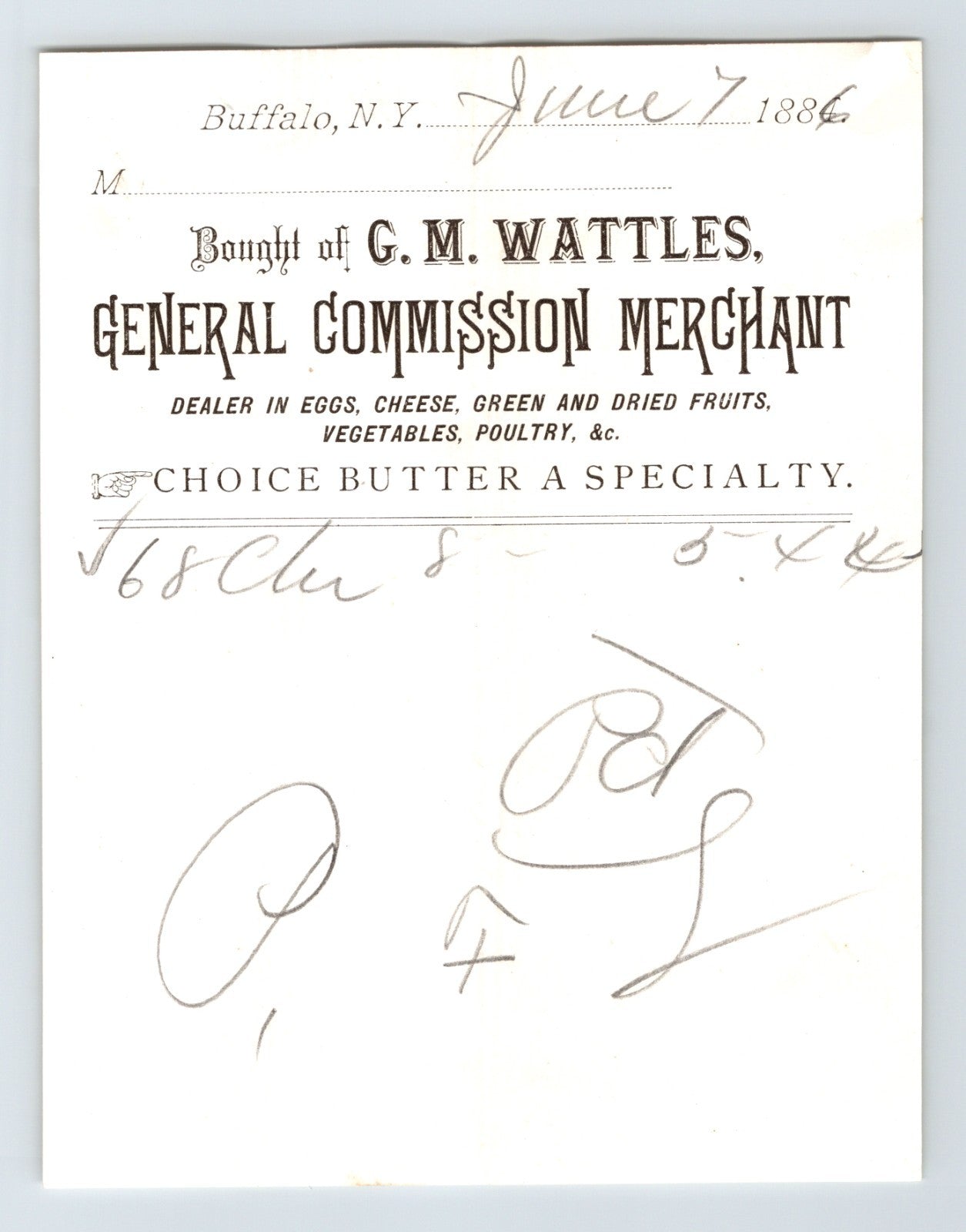 Buffalo New York G M Wattles general commission merchant letterhead 1886 document