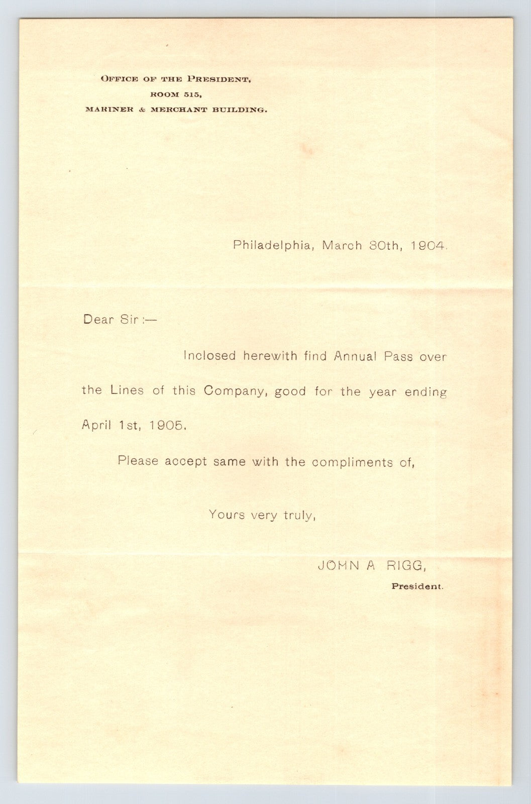 Philadelphia Pennsylvania 1904 Mariner Merchant Building annual pass letter John A Rigg