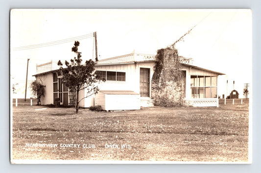 Meadowview Country Club Owen Wisconsin 1941 real photo postcard showing clubhouse with stone chimney and broad lawn