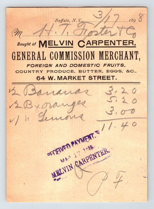 Buffalo New York 1898 Melvin Carpenter General Merchant Letterhead - 6 x 4