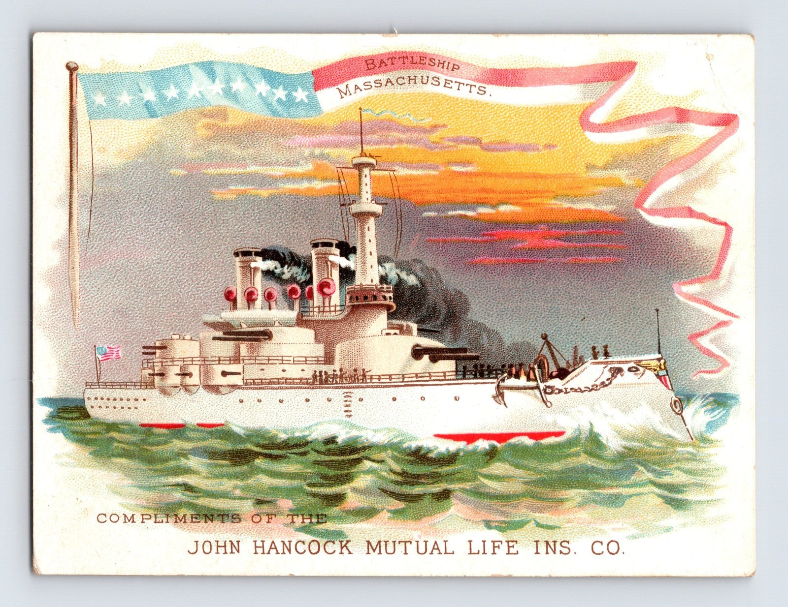 John Hancock Mutual Life Insurance trade card featuring Battleship Massachusetts warship illustration, 3.5 x 4.5