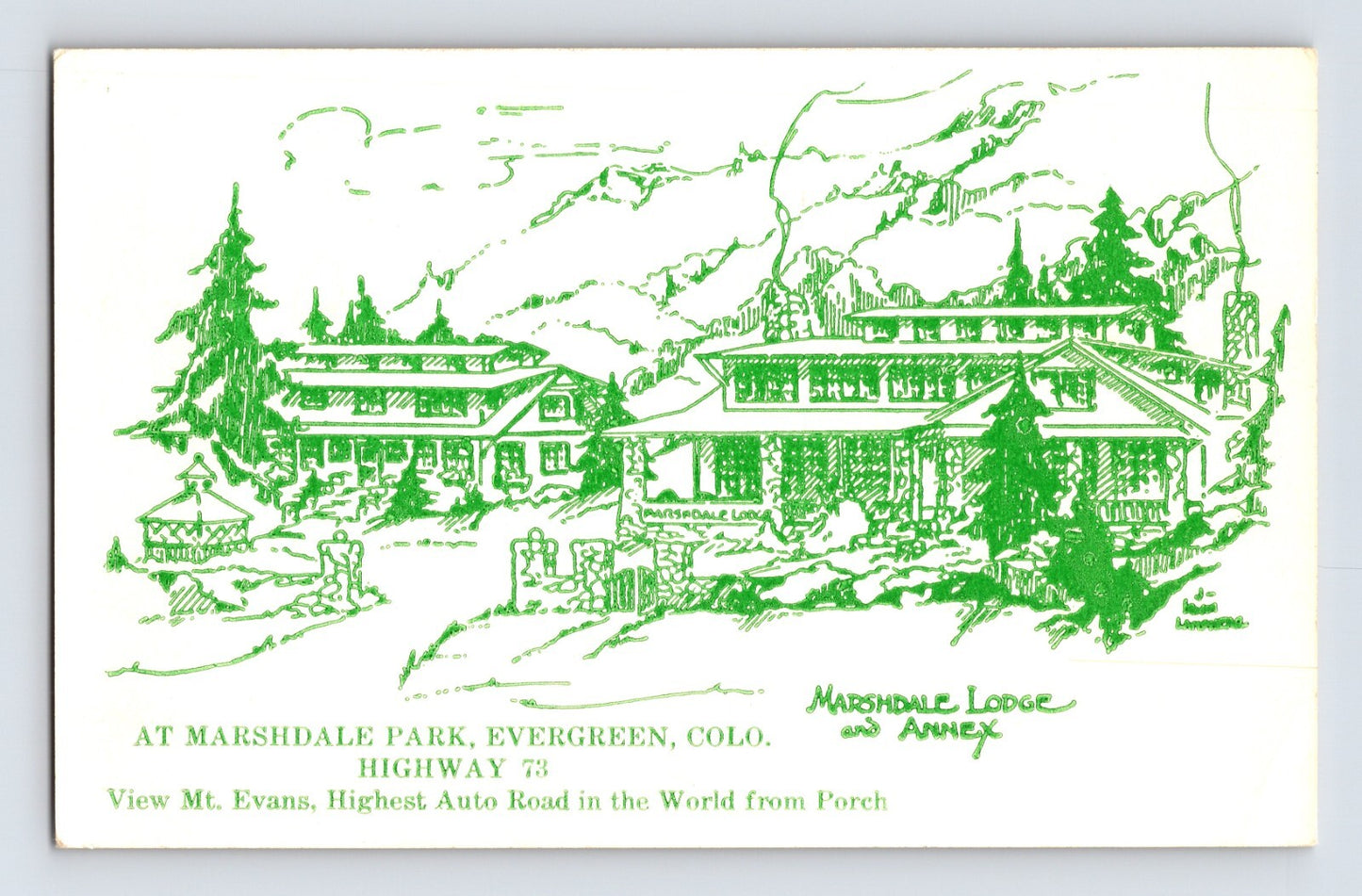 Evergreen Colorado Marshdale Lodge Marshdale Park Highway 73 postcard illustration