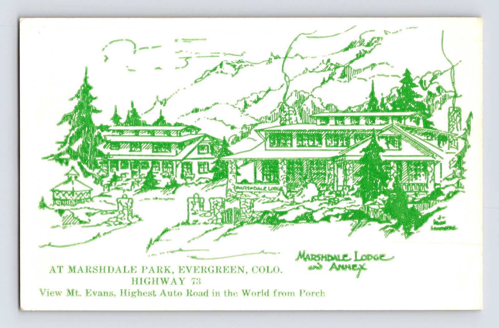 Evergreen Colorado Marshdale Lodge Marshdale Park Highway 73 postcard illustration