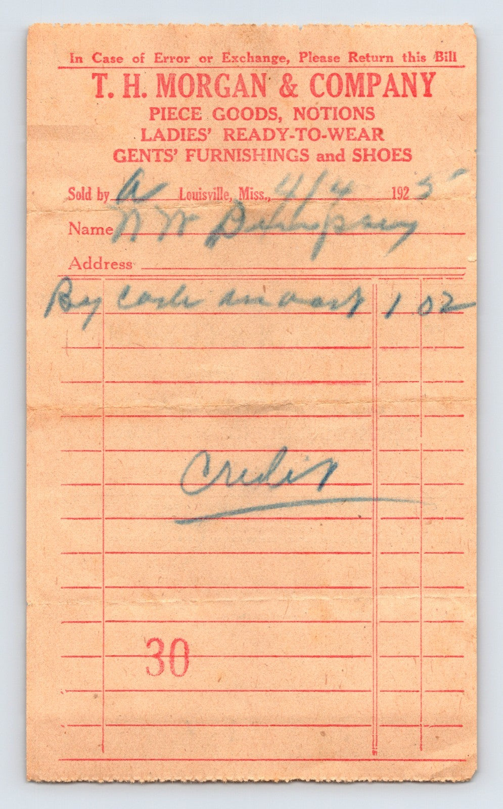Louisville Mississippi T H Morgan Company dry goods store billhead 1925