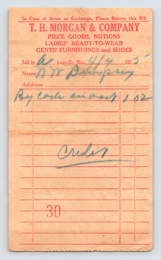 Louisville Mississippi T H Morgan Company dry goods store billhead 1925