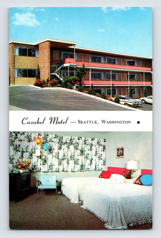 Seattle Washington Casabel Motel exterior parking lot and interior twin beds room 1960s chrome postcard