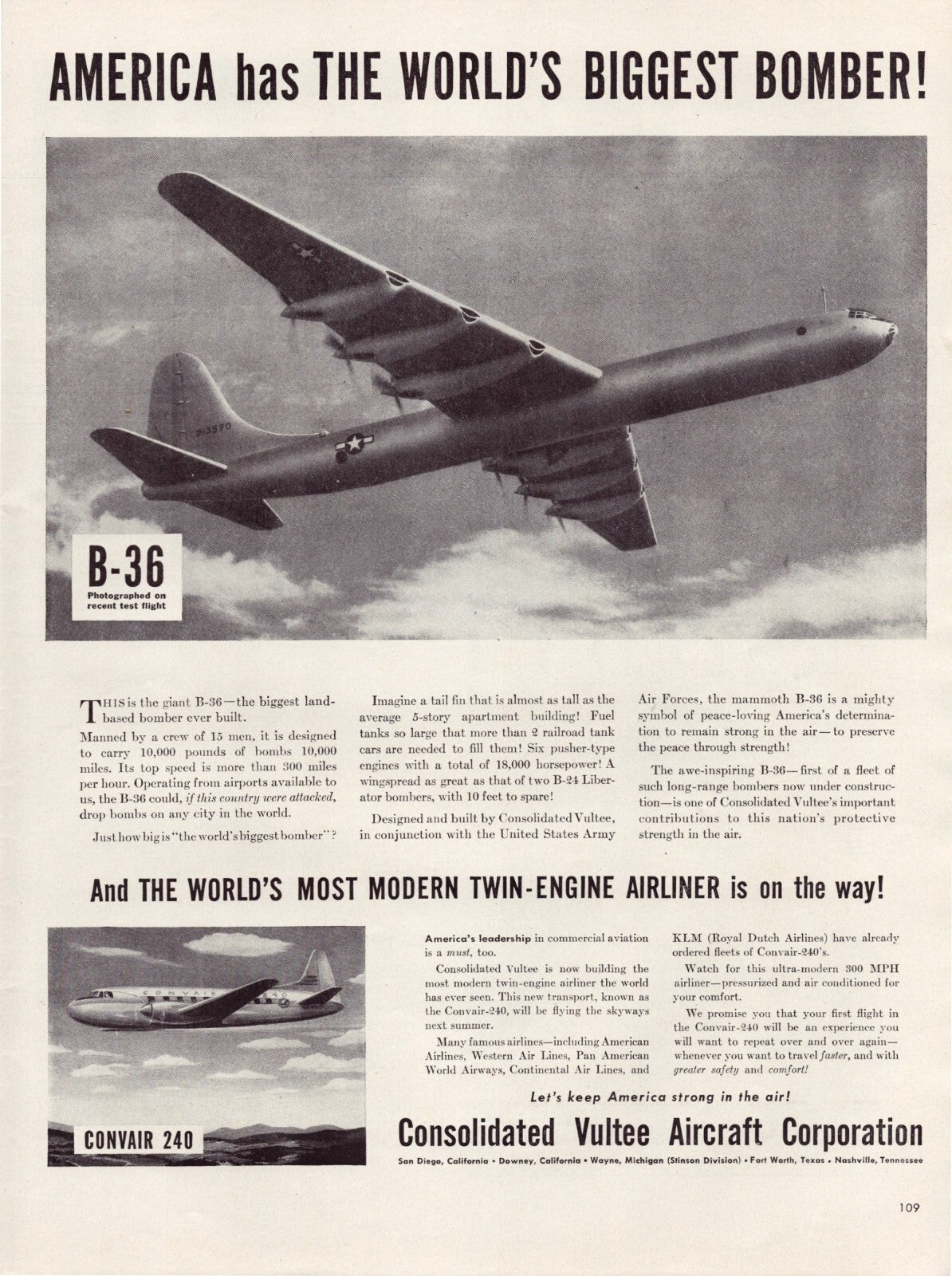 Consolidated Vultee Aircraft B-36 Bomber 1946 Print Ad - 10.5 x 13.5