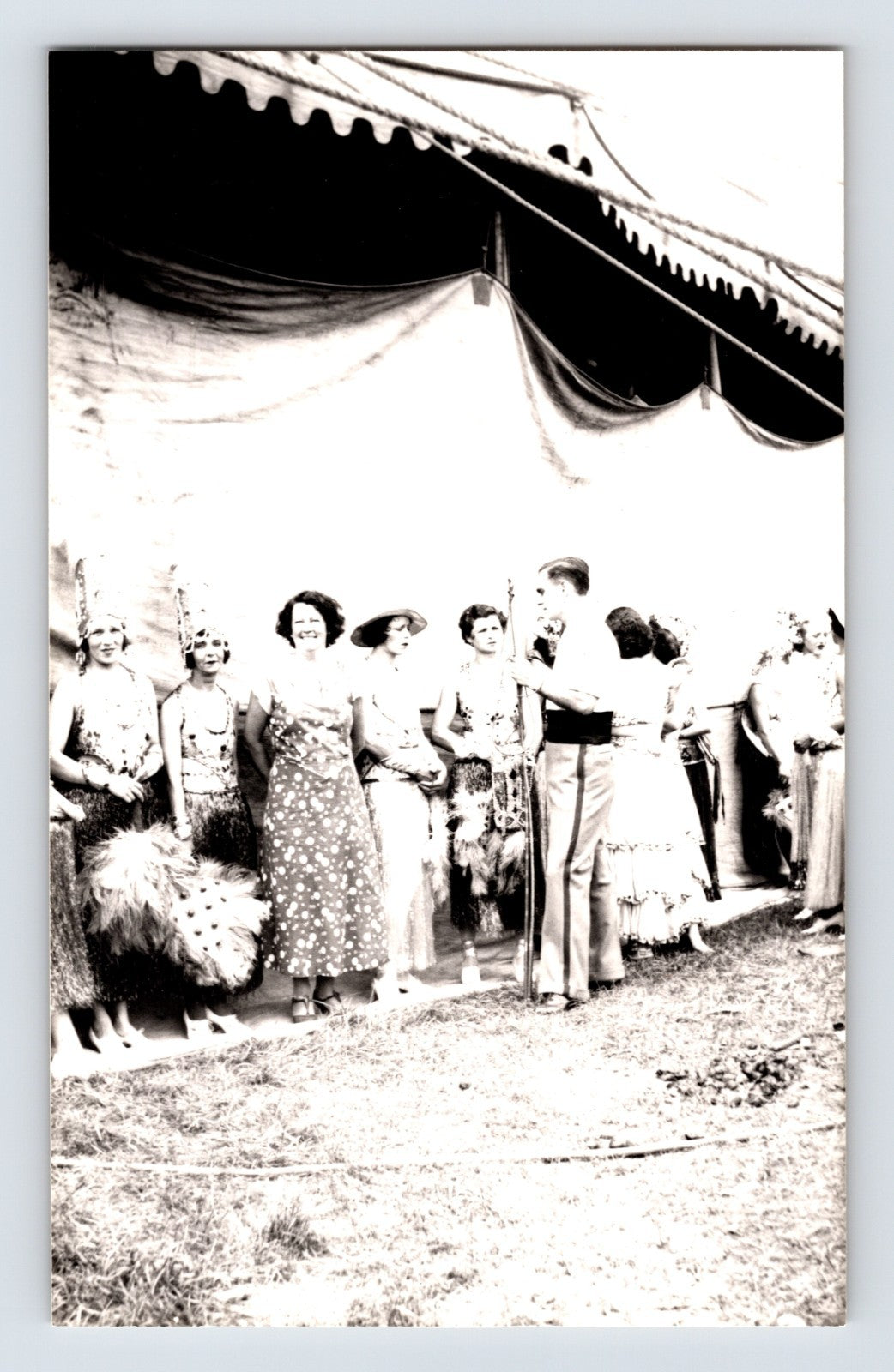 Barnes Sells Floto Circus 1940s performers gathered beside circus tent with ringmaster photograph