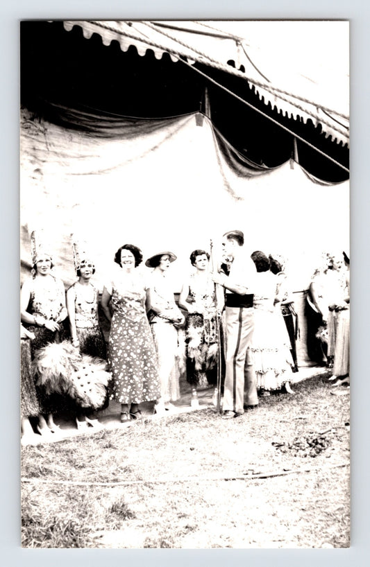Barnes Sells Floto Circus 1940s performers gathered beside circus tent with ringmaster photograph
