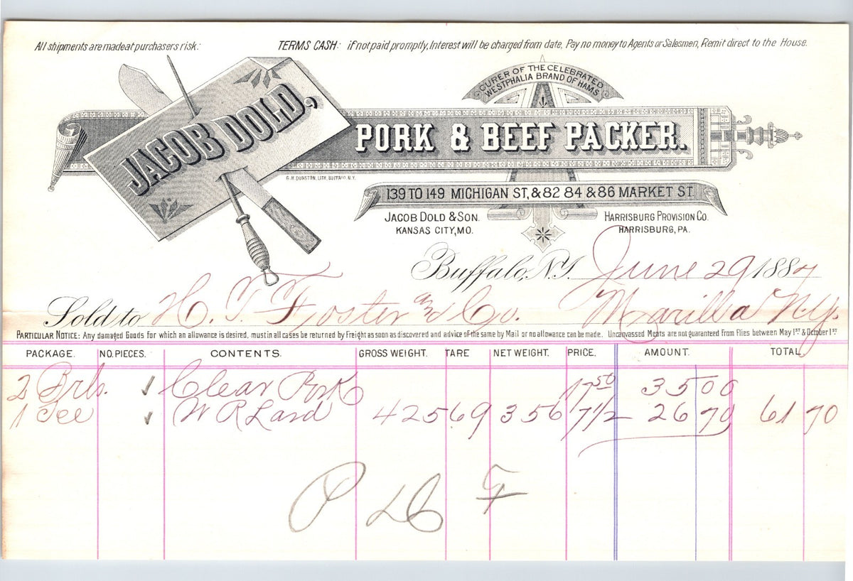 Buffalo New York 1887 Jacob Dodd Pork and Beef Packer Billhead - 8.5 x 5.5