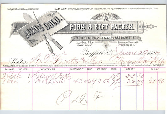 Buffalo New York 1887 Jacob Dodd Pork and Beef Packer Billhead - 8.5 x 5.5