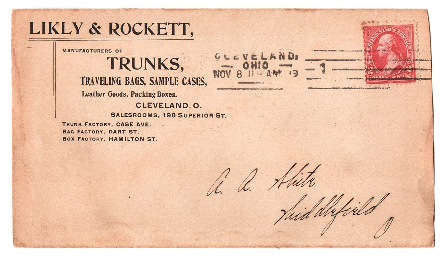 Cleveland Ohio 1899 Likly Rockett Trunk Company Receipt + Envelope Cover