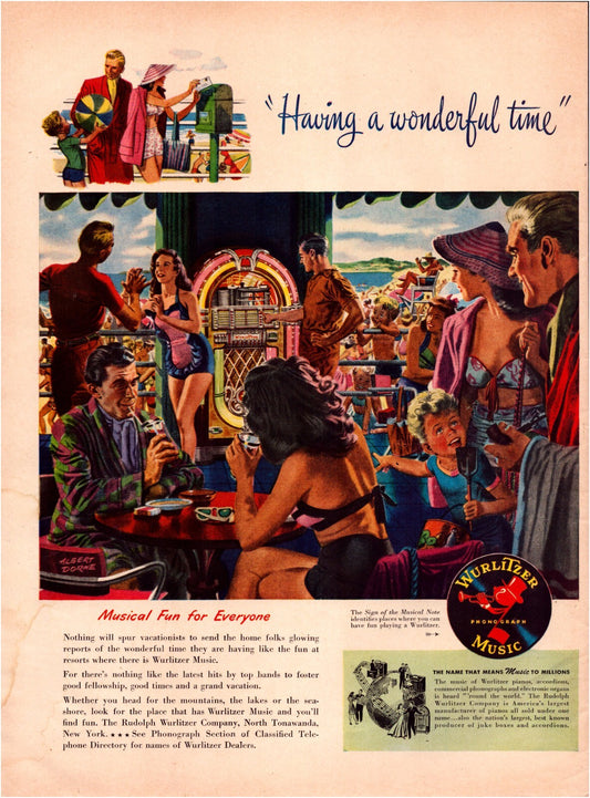 Wurlitzer jukebox 1947 beachside crowd music scene vintage print ad