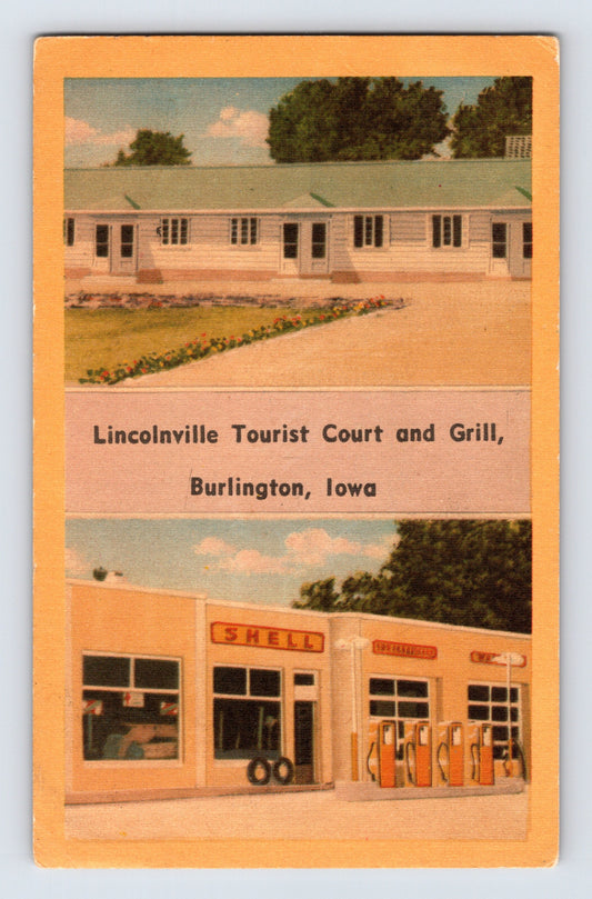 Color postcard advertising the Lincolnville Tourist Court and Grill in Burlington, Iowa, featuring motel cabins and a Shell gasoline service station.