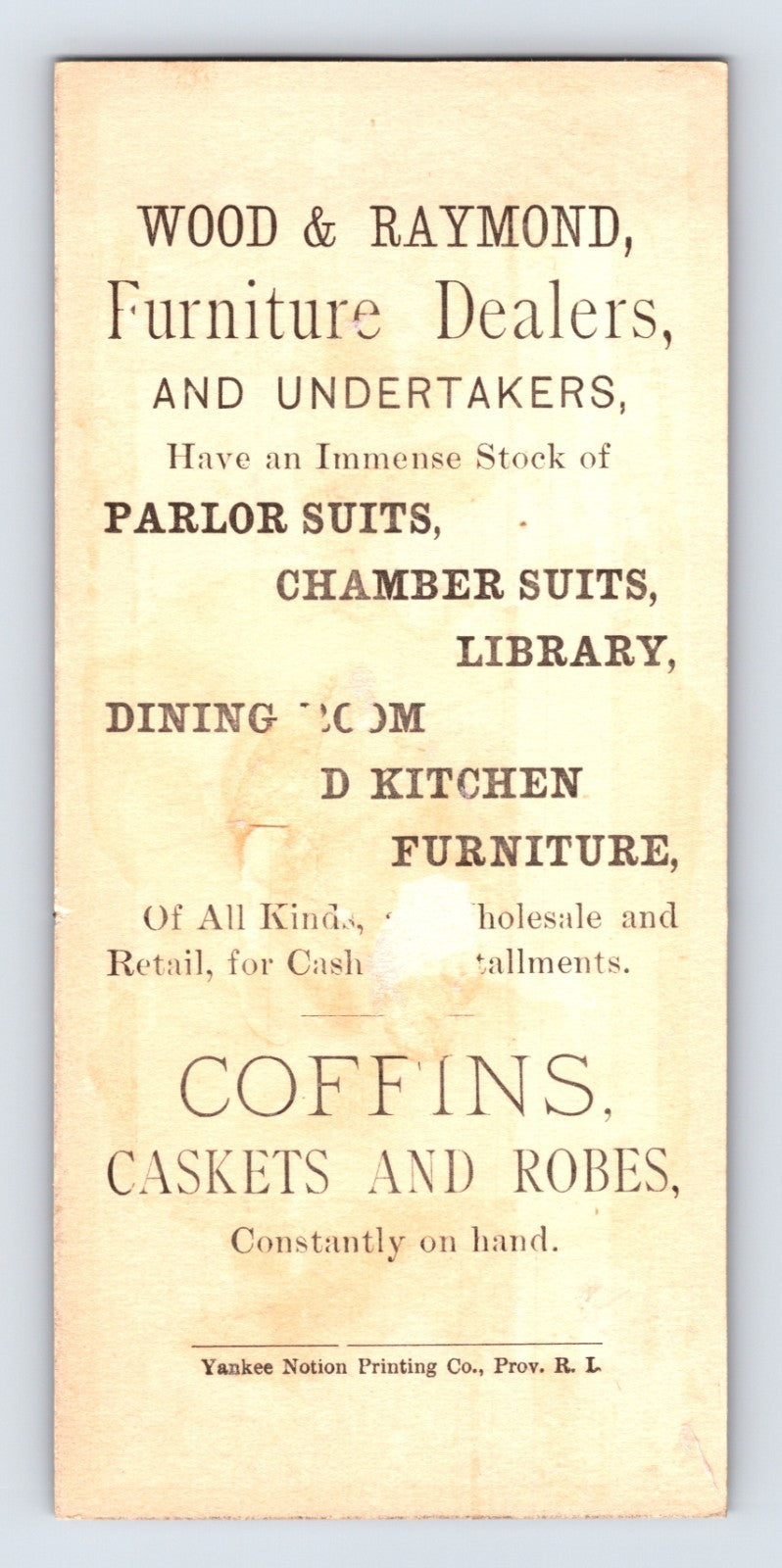 Fall River Massachusetts Wood Raymond Furniture Undertakers 1890s Trade Card 2.5 x 5.25
