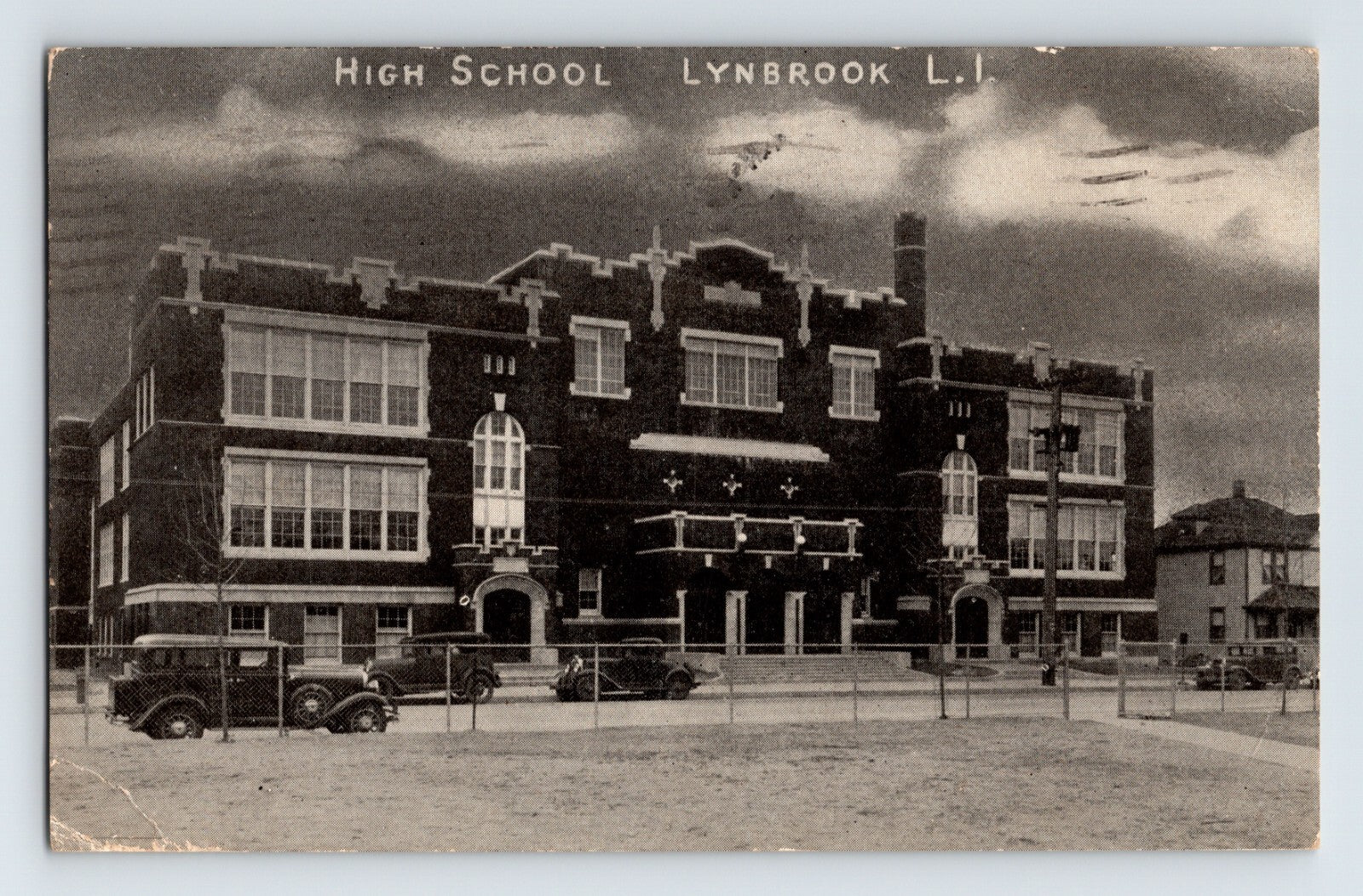Lynbrook Long Island New York high school building 1933 postcard cars street view