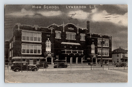 Lynbrook Long Island New York high school building 1933 postcard cars street view