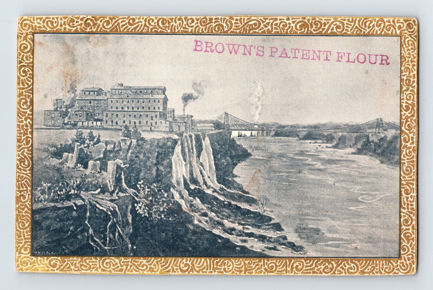 Victorian trade card Browns Patent Flour factory river scene 1890s ornate bord
