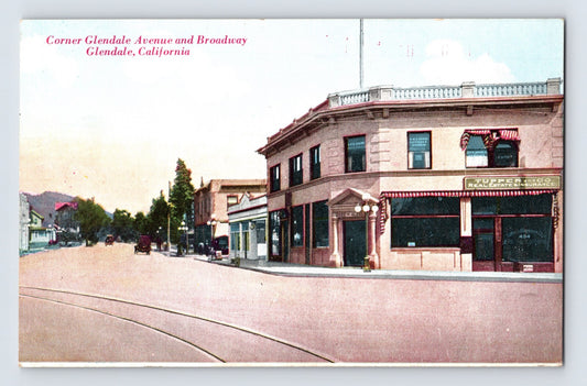 Glendale California corner of Glendale Avenue and Broadway with Tupper Insurance storefront, early 1910s street scene, hand-tinted postcard view