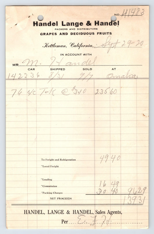 Kettleman California Handel Lange fruit packers grape billhead 1920 handwritten ledger invoice
