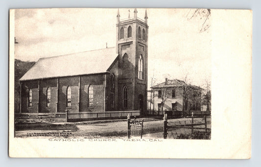 Yreka California Catholic Church early church building with Churchill Drug store nearby 1910s postcard